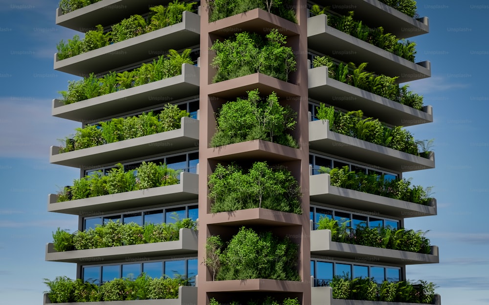 a tall building with a bunch of plants growing on it