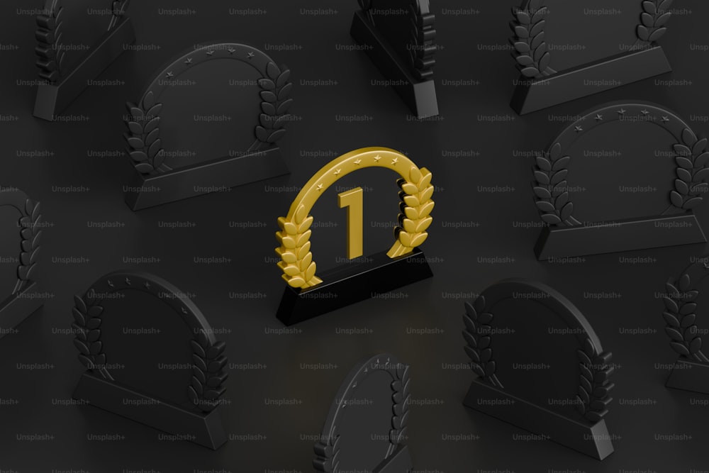 a number of awards on a black surface