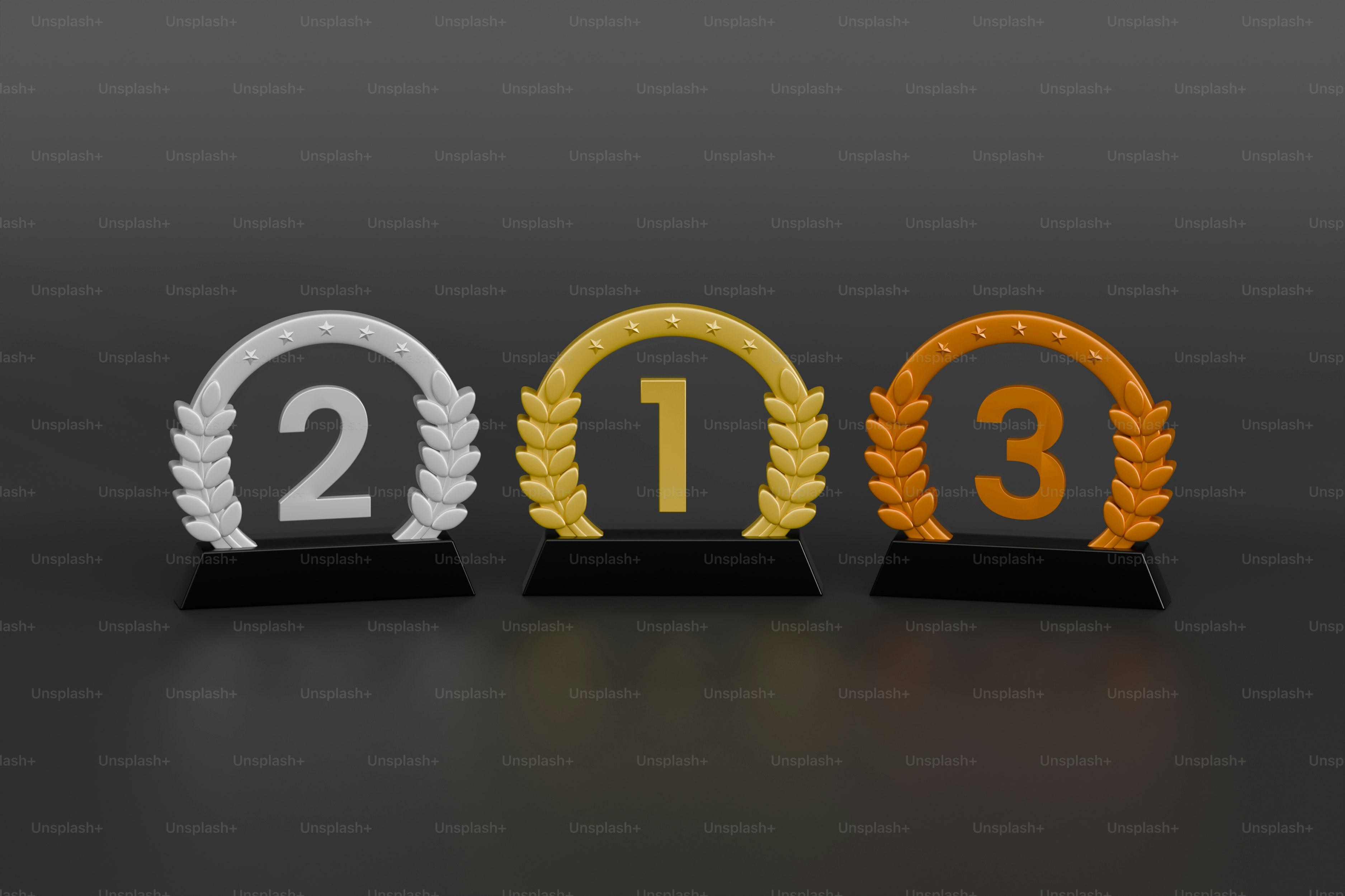 Gold, Silver, and Bronze Awards. 3D Render.