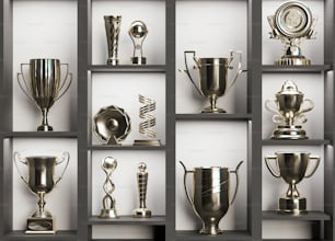 a collection of silver trophies sitting on top of a shelf