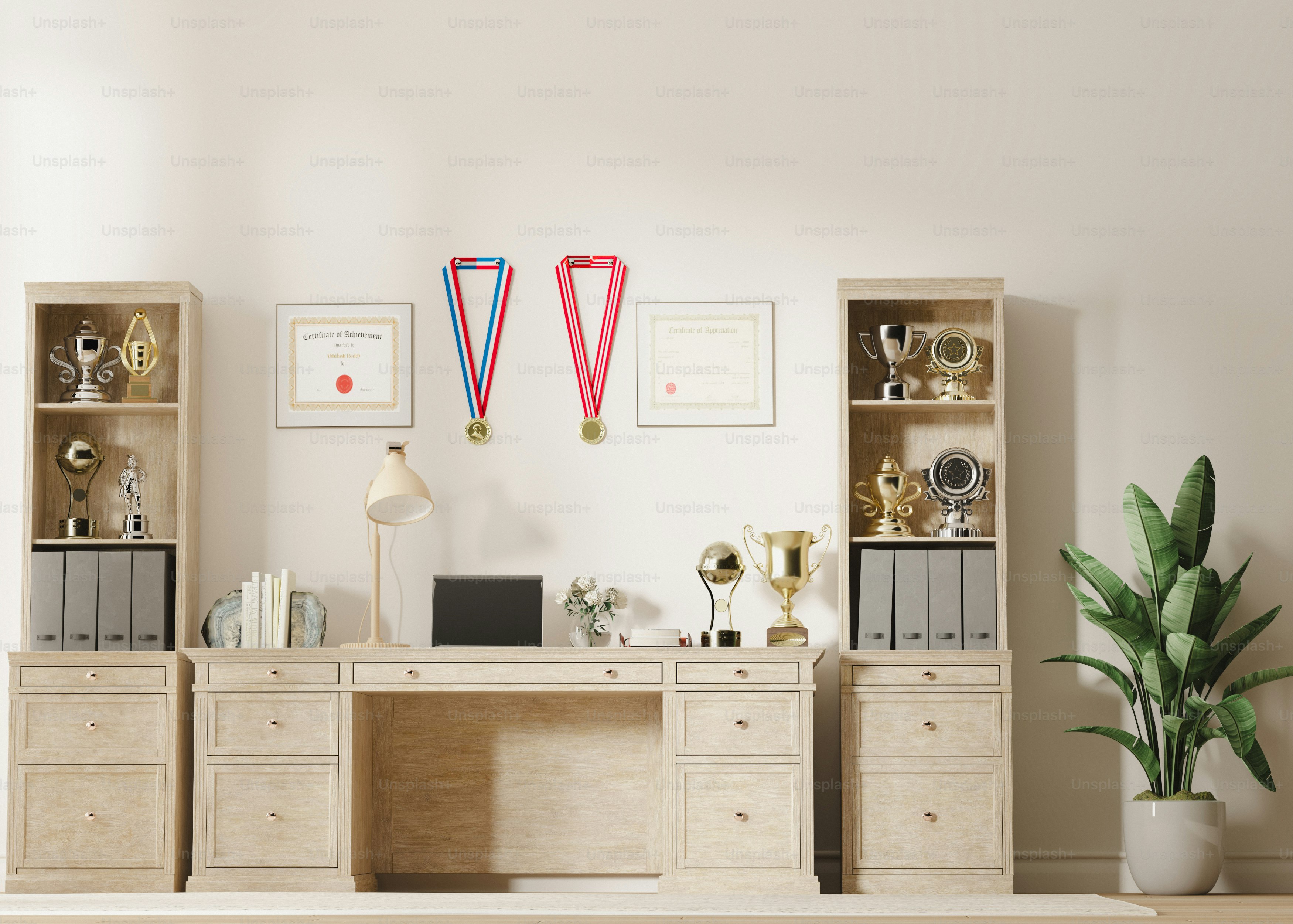a room with a desk, bookcases and a potted plant