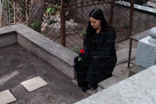 uma mulher sentada em uma saliência com uma rosa na mão
