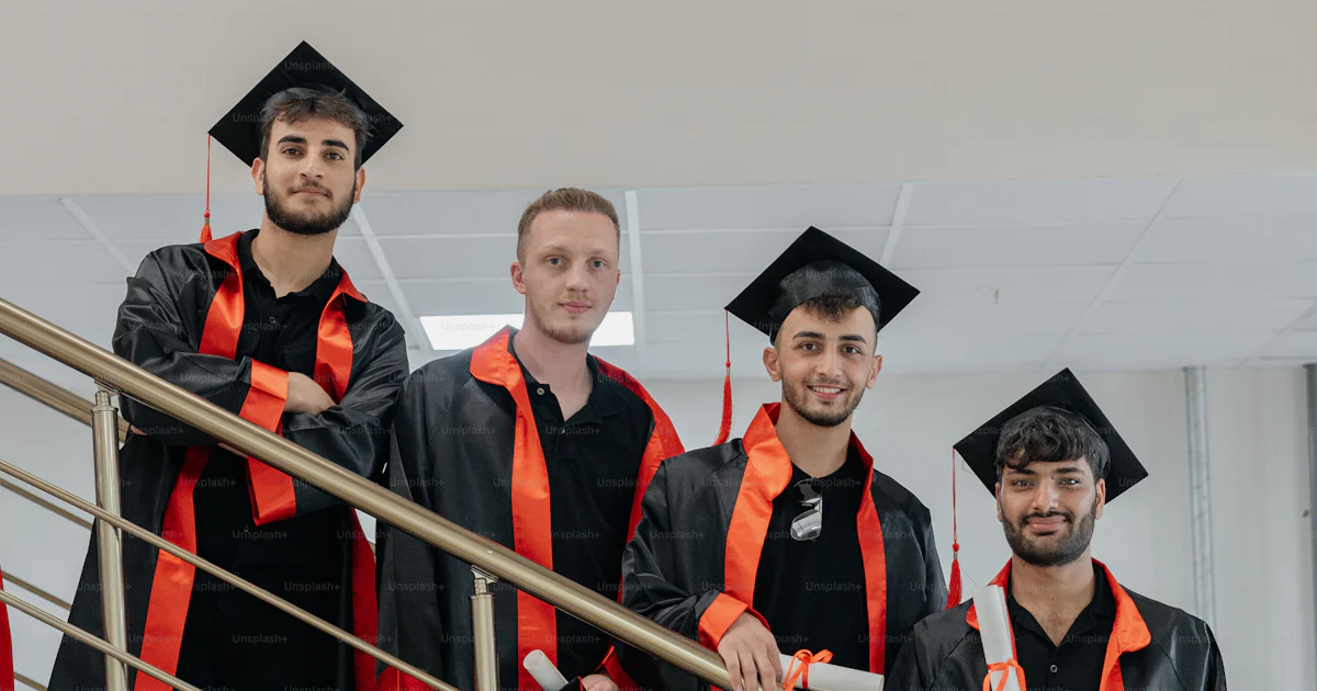 A group of men standing on top of a stair case photo – College ...