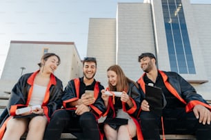 Un grupo de personas con túnicas de graduación sentadas en un banco
