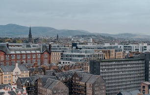 a view of a city with buildings and mountains in the background