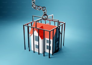 Una casa atrapada en una prisión enjaulada. Hipoteca, concepto de propietario atrapado. Ilustración de renderizado 3D.