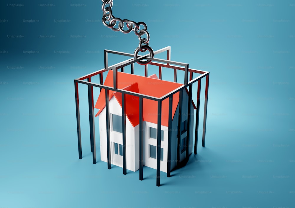 Una casa intrappolata in una prigione in gabbia. Mutuo, concetto di intrappolamento del proprietario di casa. Illustrazione di rendering 3D.