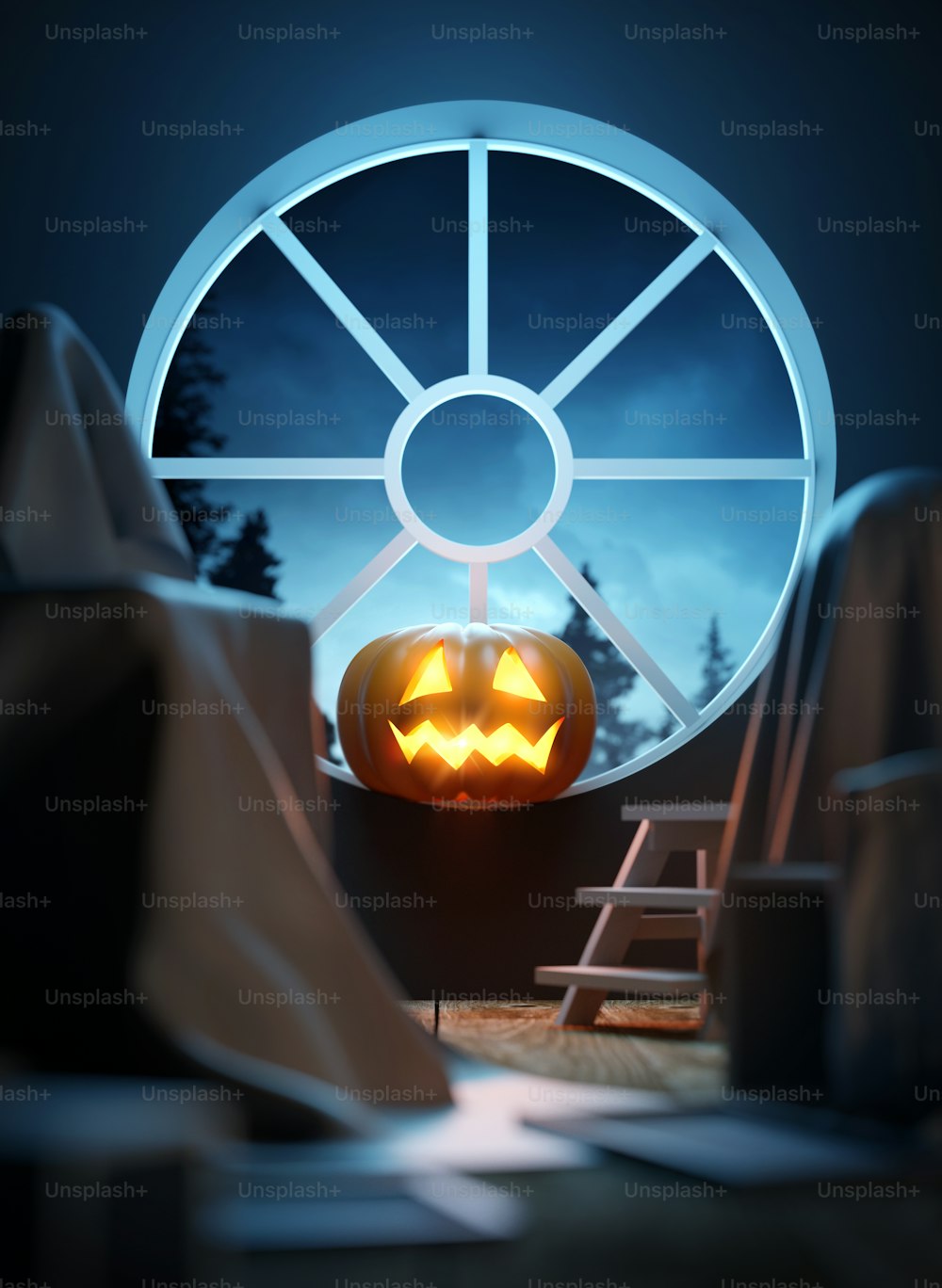 A glowing Jack O Lantern pumpkin lantern in front of a window lights up an old attic. 3D illustration