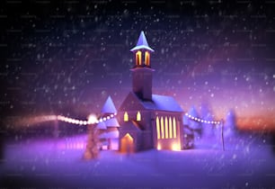 Uma cena festiva da Igreja no Natal com luzes decorativas e queda de neve. Ilustração 3D