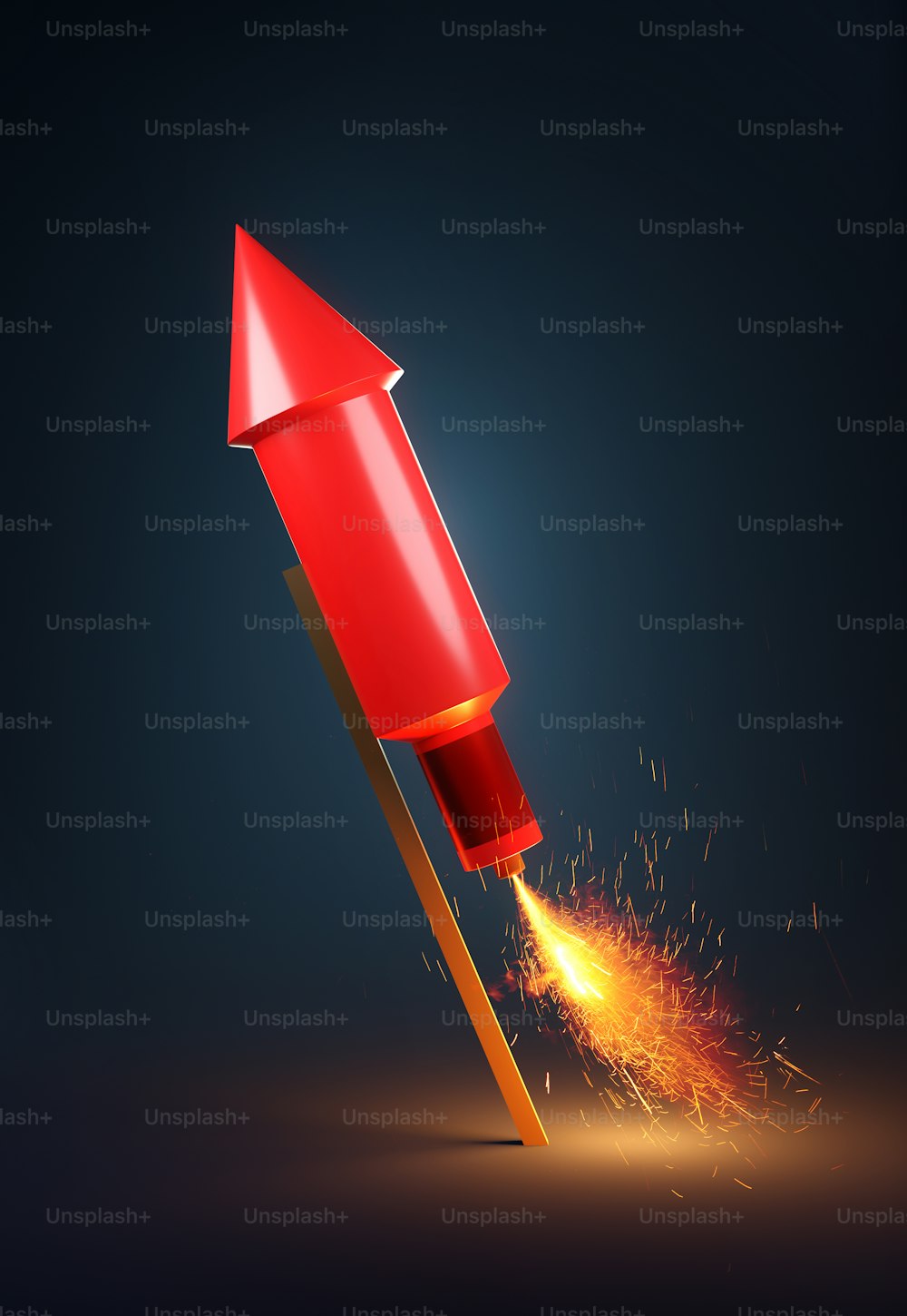 A single red firework rocket with a lit fuse. 3D illustration.