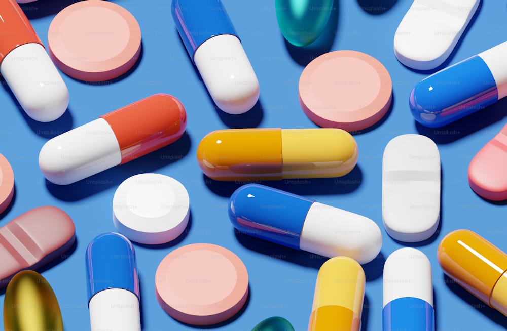 Varie pillole e medicine su sfondo blu. Illustrazione di rendering 3D ravvicinata.