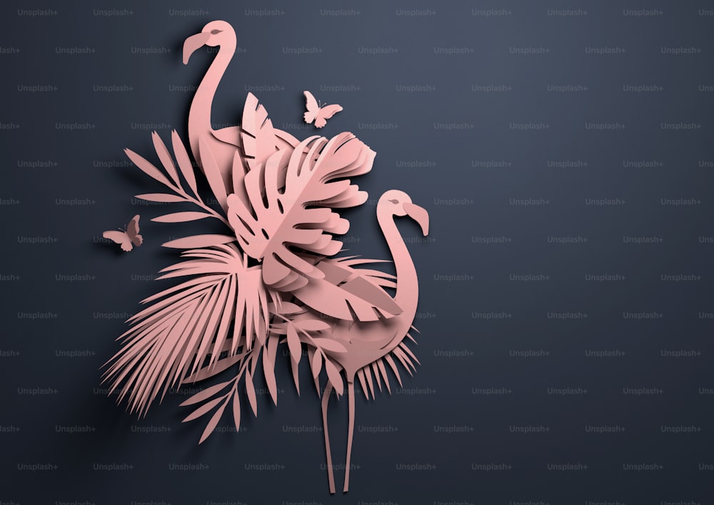Carta piegata art origami. Sfondo tropicale con fenicotteri. Illustrazione 3D.