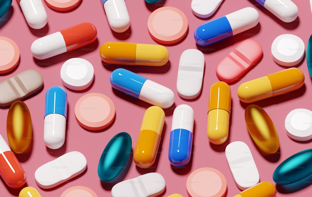 Uno sfondo pieno di varie pillole mediche e capsule per la salute. Illustrazione di rendering 3D.