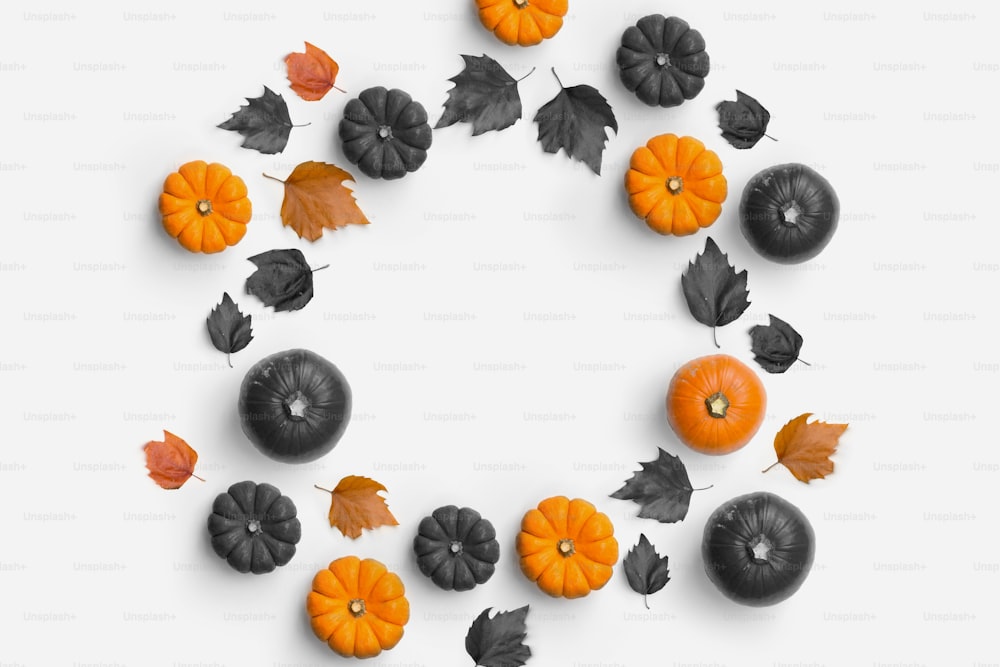 Autumn fall contemporary background composition with pumpkins and leaves in a circle shape.