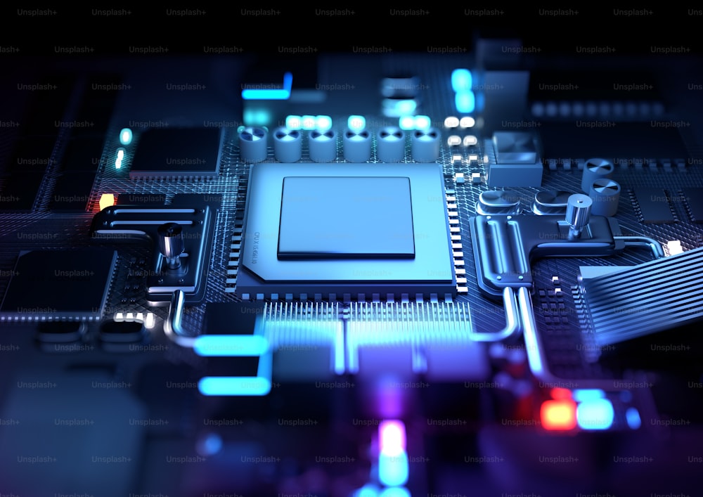 Future technology development with a CPU and microprocessors for machine learning. 3D render illustration.