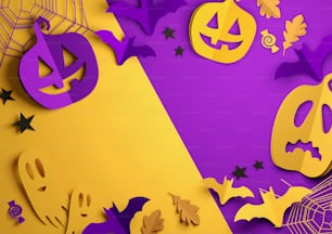 Papel dobrado art origami. Fundo roxo e laranja de Halloween com abóboras recortadas, morcegos de papel, fantasmas e outras decorações. Ilustração 3D.