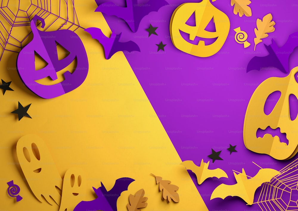 Folded Paper art origami. Purple and Orange Halloween background with cut out pumpkins, paper bats, ghosts and other decorations. 3D illustration.