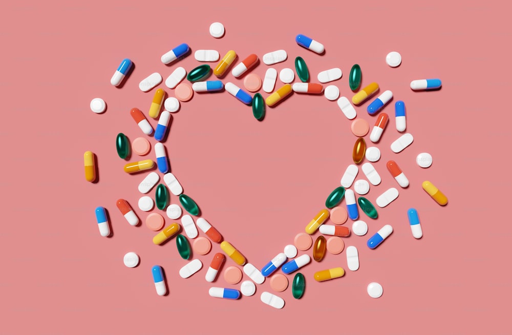 Pillole e capsule medicinali a forma di cuore. Illustrazione di rendering 3D.