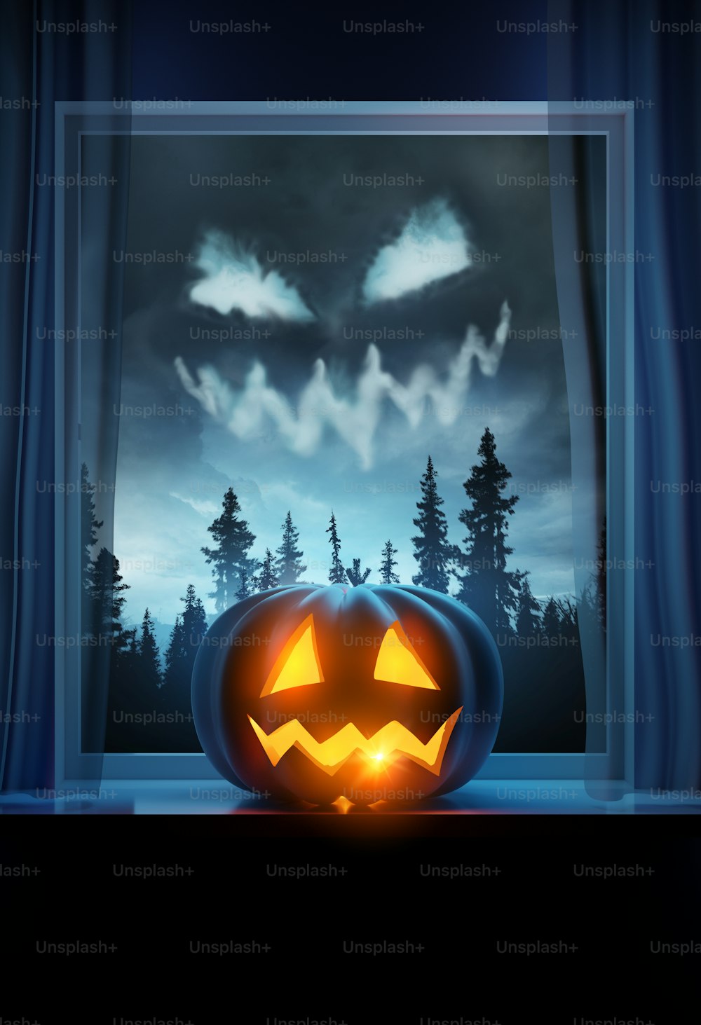 Scary Halloween pumpkin Jack O Lantern on a window sill. 3D illustration.