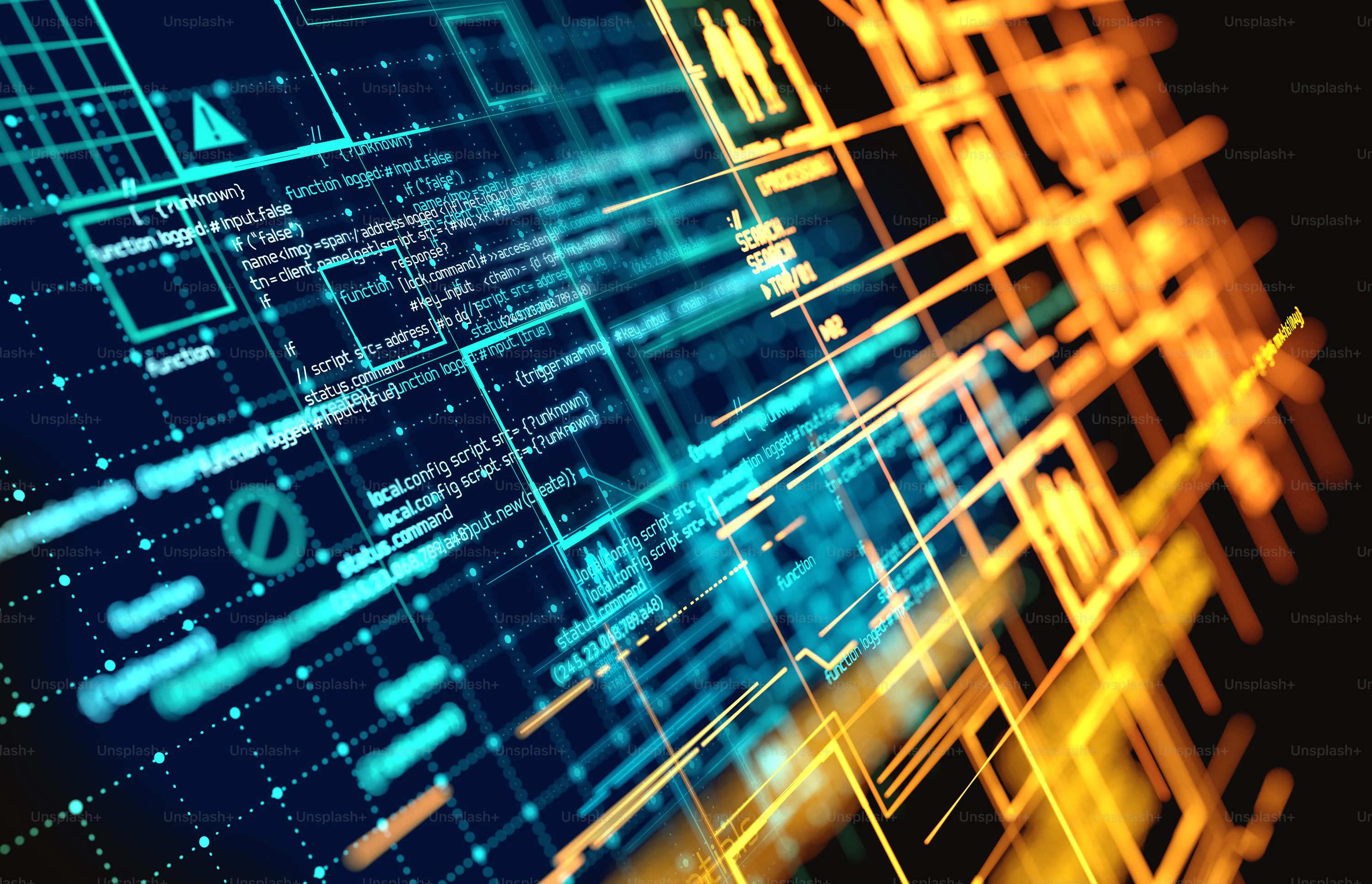 Kode pemrograman informasi Futuristik yang kompleks dengan koneksi data dan pola jaringan. Ilustrasi 3D.