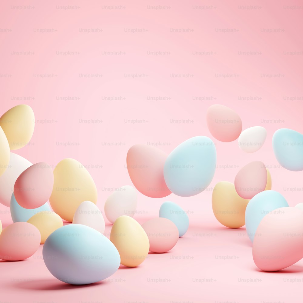 Falling chocolate easter pastel coloured eggs. 3D illustration