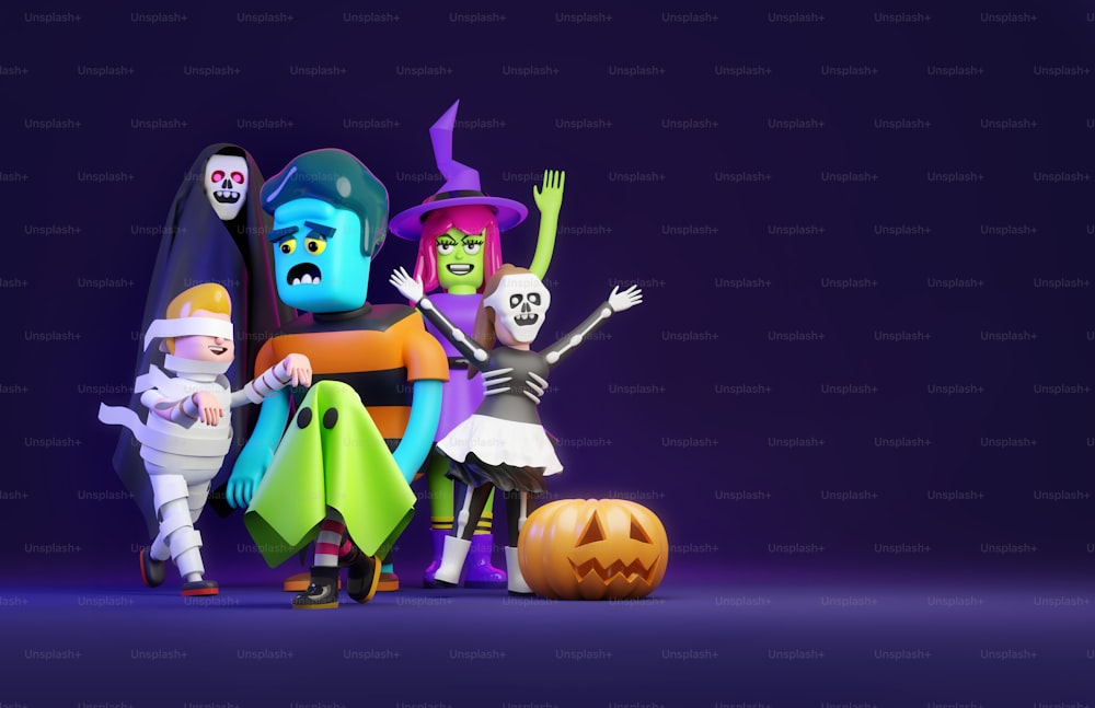 Assustador halloween fantasia vestido personagens e monstros! Ilustração 3D