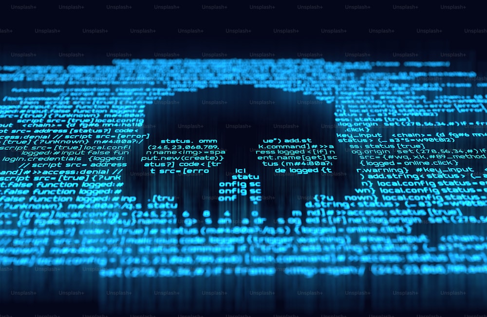 두개골 모양의 악성 컴퓨터 프로그래밍 코드. 온라인 사기, 해킹 및 디지털 범죄 배경 3D 일러스트레이션