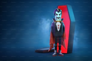 A Vampire halloween character standing next to a coffin. 3D illustration.