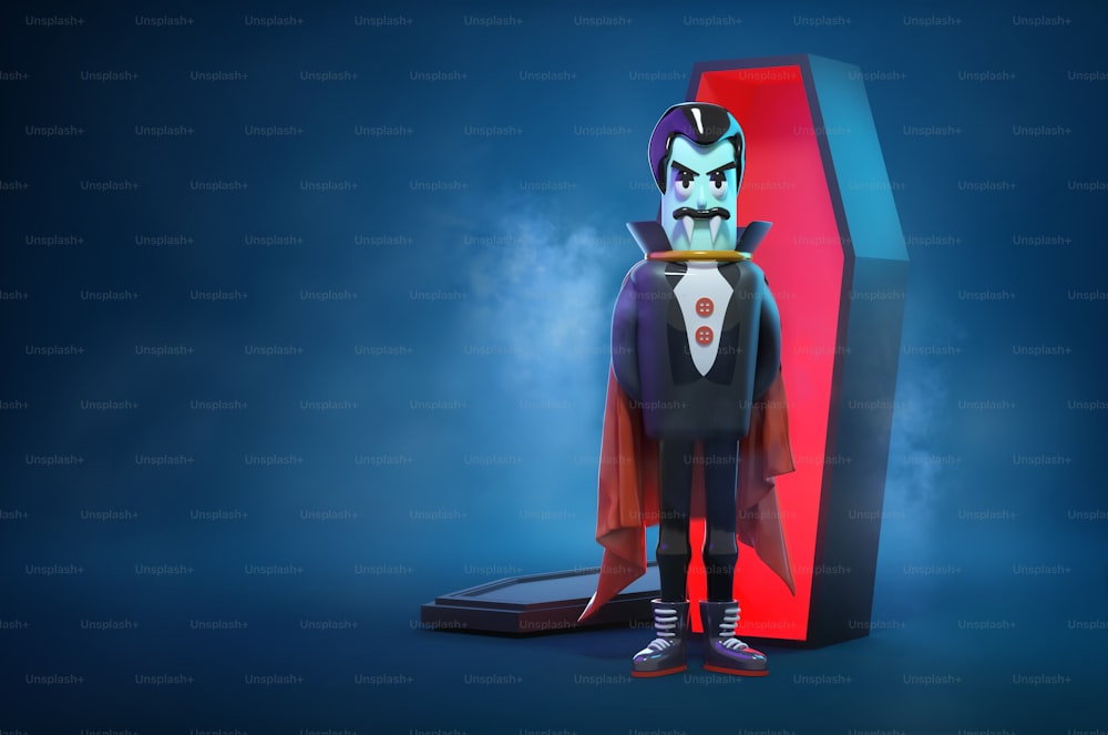棺桶の隣に立つ吸血鬼のハロウィンキャラクター。3Dイラストレーション。