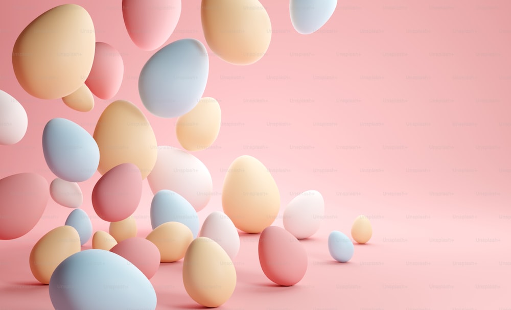 Pastel colourful easter eggs. Easter background layout, 3D illustration.