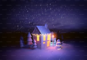 Una casa natalizia con decorazioni ricoperte di neve con un pupazzo di neve in giardino. Illustrazione 3D