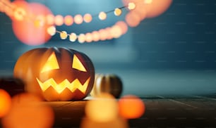 Una calabaza de Halloween Jack O' Lantern en un piso de madera con filas de luces de hadas. Fondo de celebración y evento de fiesta. Ilustración 3D