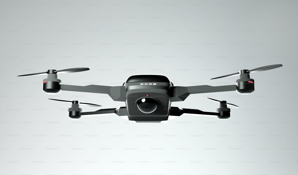 Vue de face d’un quadricoptère de drone grand public volant. Illustration 3D.