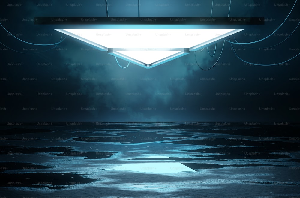 Stage lighting and an empty platform concept with a  reflective flooring with wet puddles. 3D illustration.