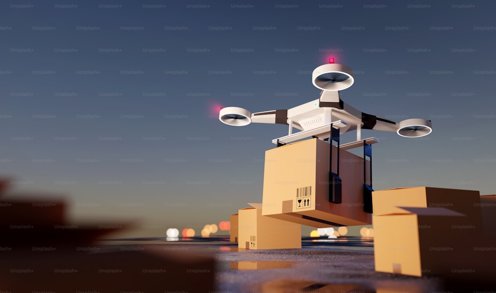 Un drone per le consegne con pacchi pronti a decollare. Illustrazione 3D della logistica futura