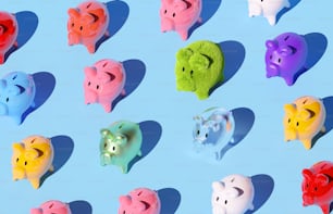 Top down view of rows of different saving piggy banks. Money and finance background concept. 3D illustration.