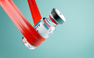 A vaccine vial being suspended in the air by red tape. 3D illustration