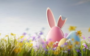 Easter egg hunt. Festive pastel coloured eggs with rabbit ears in a wild flower meadow. 3D illustration.