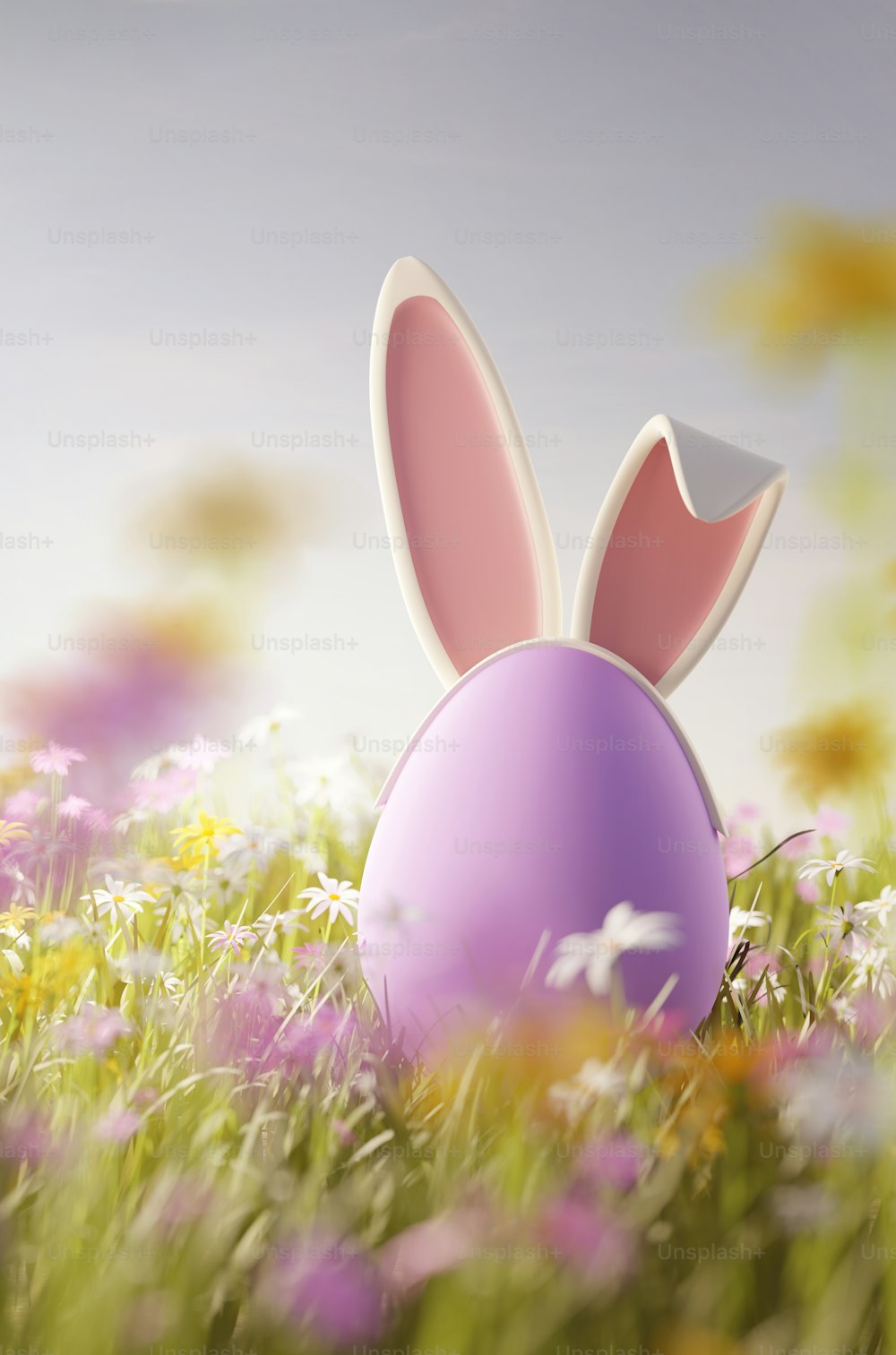 A pastel coloured easter egg with rabbit ears on in a wild flower spring meadow. 3D illustration