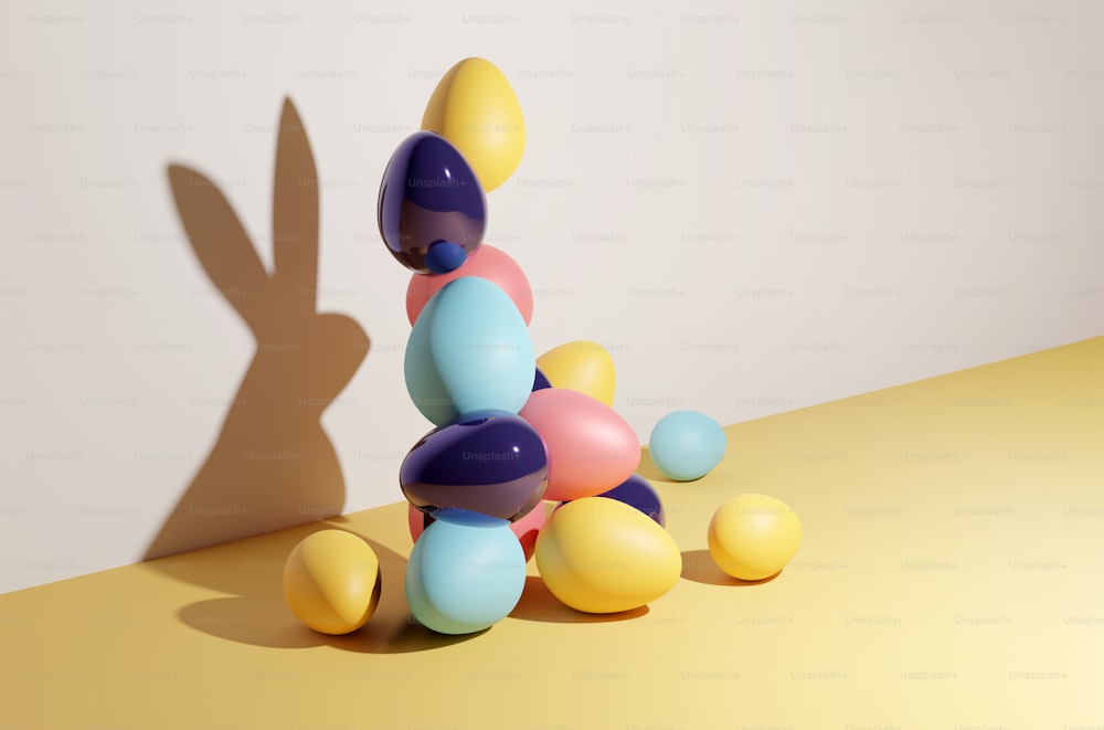 Abstraktes Frühlings-Oster-Konzept. Ein Strauß verzierter Ostereier, die einen Schatten in Form eines Hasen werfen. 3D-Illustrationskonzept.