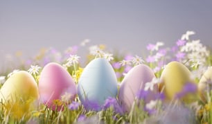 Pastel coloured wild flower meadow field with easter eggs. Spring 3D illustration