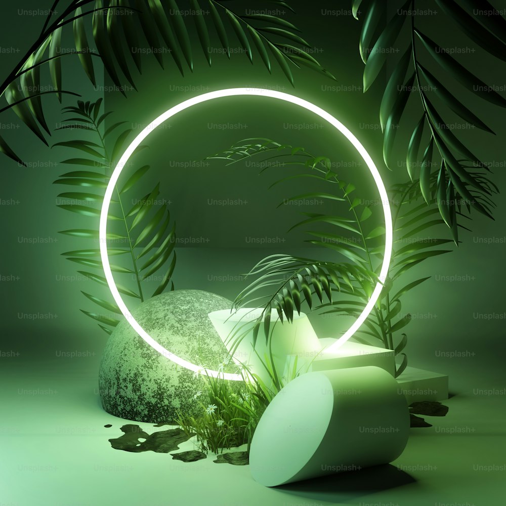 Sol de studio à plate-forme de fond naturel avec des plantes vertes et un cercle de boucle lumineuse au néon. Illustration 3D.