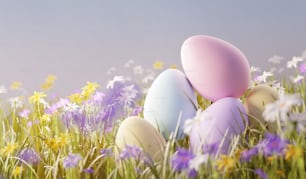 Pastel easter eggs in a meadow filled with wild flowers. Spring 3D illustration
