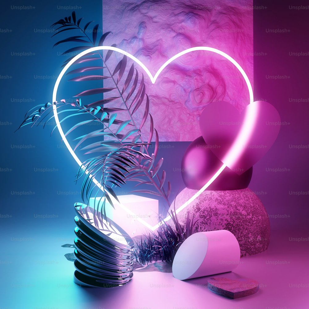 Studio composition background platform with a pink and cyan glowing neon heart. 3D stage illustration render.