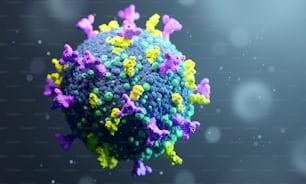 Un virus mutante che causa il Coronavirus COVID-19. Un virus con picchi proteici mutevoli. Rendering di illustrazioni 3D.