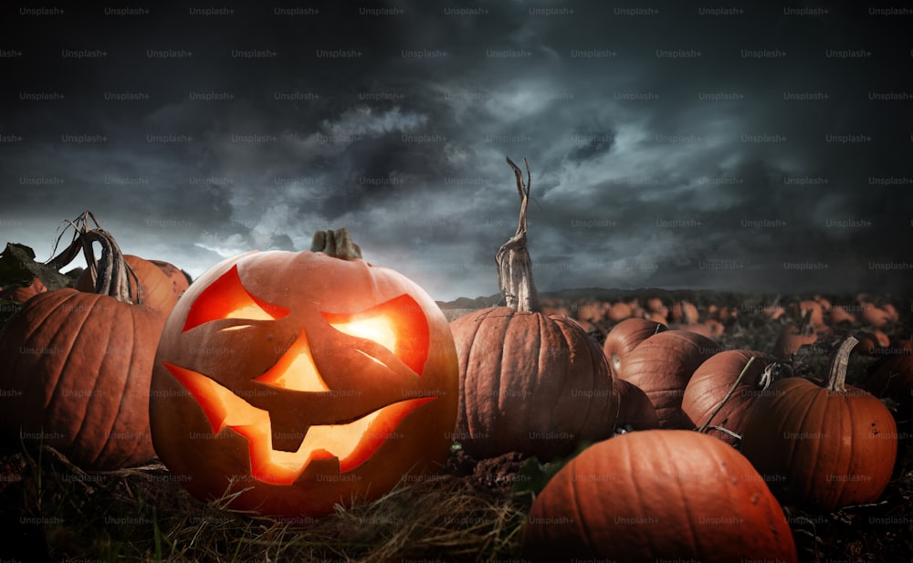 A carved glowing halloween pumpkin in a field at night. Photo composite.