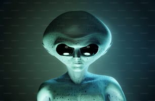 Intelligent alien character portrait head shot 3D illustration.