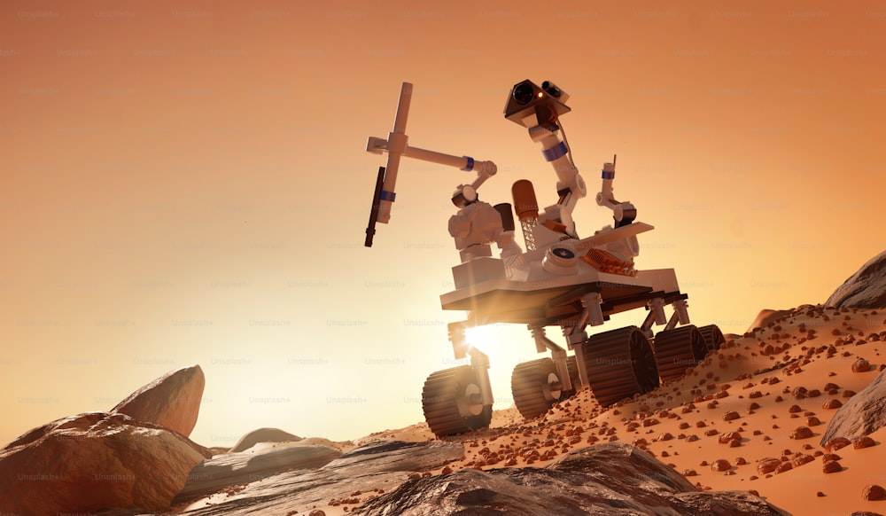 Exploring and learning about the planet Mars. A rover exploring the martian surface. 3D illustration.