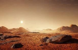 El paisaje marciano, las rocas dispersas y las montañas lejanas en la superficie de Marte. Ilustración 3D.