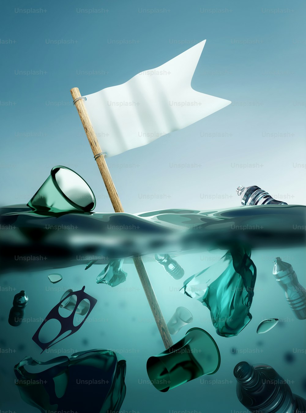 plastic waste floating in the open ocean with a white flag of surrender. Climate and environmental plastic pollution crisis. 3D illustration.
